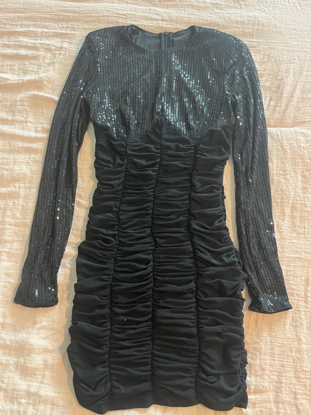 SHEIN Black Sequin Ruched Long Sleeve Bodycon Dress